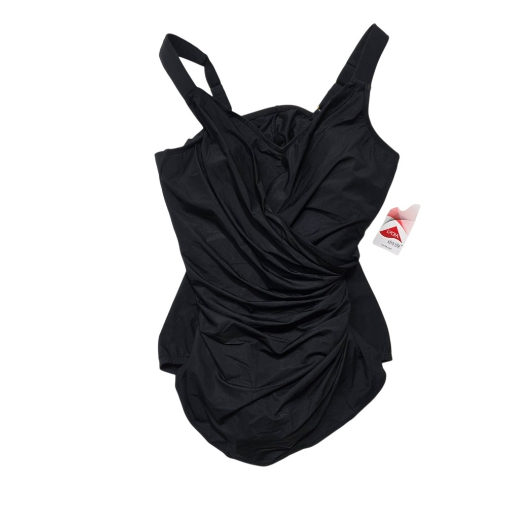 Lands' End Slender Suit One Piece Swimsuit Women 16W Black Lycra Xtra Life Ruche